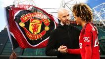 Manchester United's Dutch manager Erik ten Hag congratulates Manchester United's Tunisian midfielder #46 Hannibal Mejbri as he leaves the pitch during the English League Cup third round football match between Manchester United and Crystal Palace at Old Trafford in Manchester, north west England, on September 26, 2023. (Photo by Oli SCARFF / AFP) / RESTRICTED TO EDITORIAL USE. No use with unauthorized audio, video, data, fixture lists, club/league logos or 'live' services. Online in-match use limited to 120 