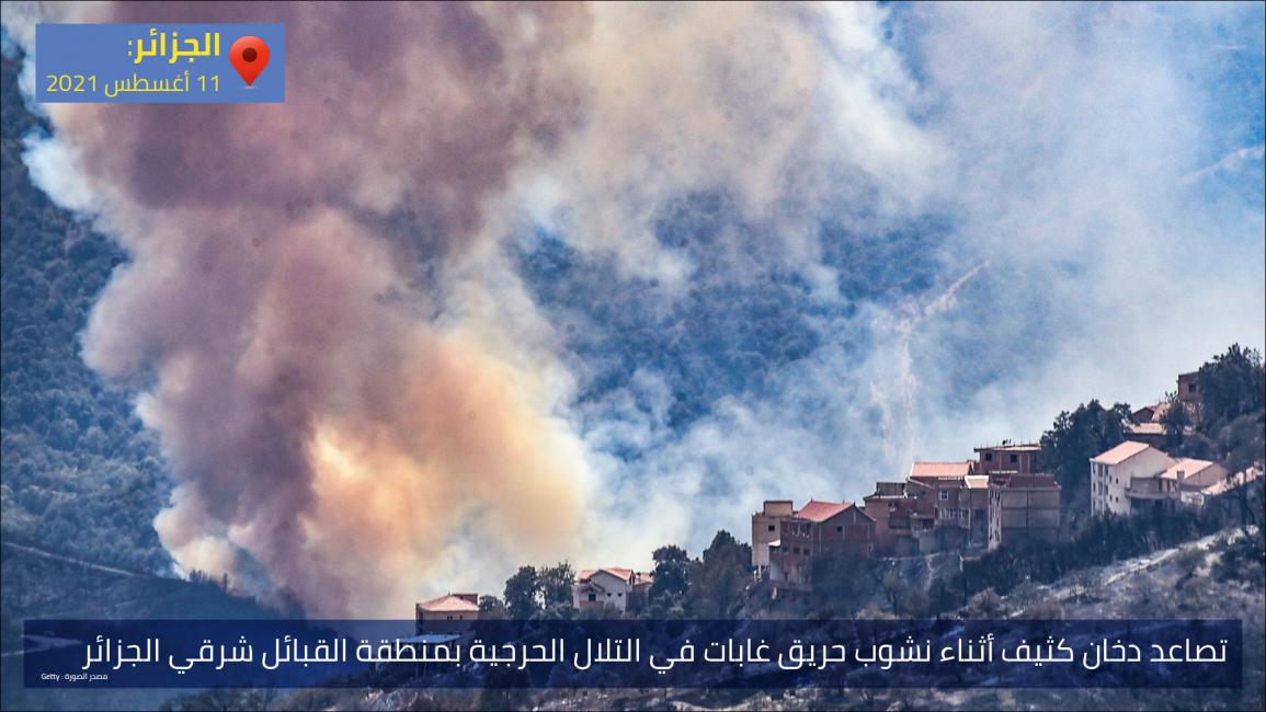 تصاعد دخان كثيف أثناء نشوب حريق غابات في التلال الحرجية بمنطقة القبائل شرقي الجزائر