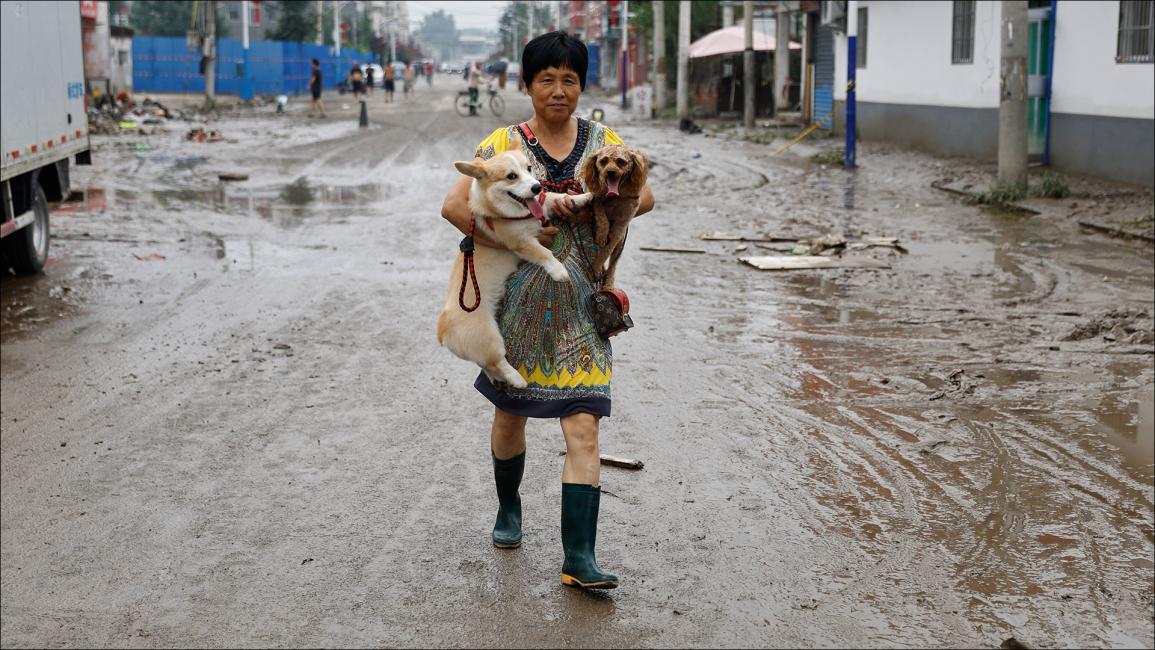 مقيمة تحمل كلبين بعدما تسببت بقايا إعصار دوكسوري في هطول الأمطار (رويترز/تينغشو وانغ)