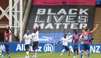 LONDON, ENGLAND - JULY 26: A Black Lives Matter banner is seen as players appeal during the Premier League match between Crystal Palace and Tottenham Hotspur at Selhurst Park on July 26, 2020 in London, England.Football Stadiums around Europe remain empty due to the Coronavirus Pandemic as Government social distancing laws prohibit fans inside venues resulting in all fixtures being played behind closed doors. (Photo by Ian Walton/Pool via Getty Images)