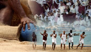 DOHA, QATAR - OCTOBER 16: Qatar warm up ahead of their bronze medal in the Men's Beach Handball finals between Sweden and Qatar at Katara Beach during the ANOC World Beach Games on October 16 2019 in Doha, Qatar. (Photo by Bryn Lennon/Getty Images)