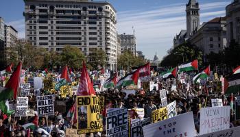 حشود من المتظاهرين دعماً للقضية الفلسطينية في واشنطن (درو أنجيرير/Getty)