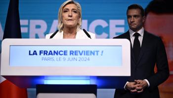 انتخابات فرنسا/مارين لوبان وجوردان بارديلا في باريس، 9 يونيو 2024 (جوليان دي روزا/فرانس برس)