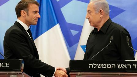 ماكرون ونتنياهو بعد مؤتمرهما الصحافي في القدس، 24 أكتوبر 2023 (Getty)