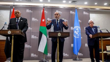 الصفدي وشكري وغريفيث بمؤتمر الاستجابة لغزة،11 يونيو 2024 (فرانس برس)