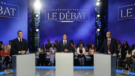مناظرة بين مرشحي الكتل السياسية الرئيسية الثلاث إلى الانتخابات الفرنسية، 25 يونيو 2024 (ديميتار ديلكوف/فرانس برس)
