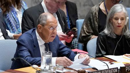 وزير الخارجية الروسي سيرغي لافروف يتحدث خلال اجتماع لمجلس الأمن 17 يوليو 2024 (Getty)