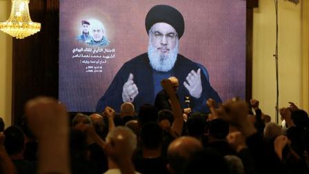 أمين عام حزب الله في كلمة بحفل تأبين أحد القادة، 10 7 2024 (رويترز)